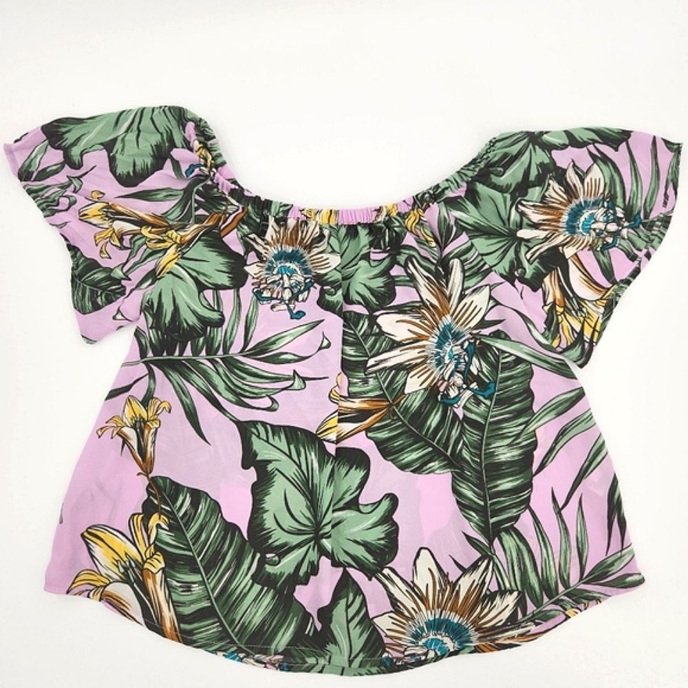 J Crew Off Shoulder Blouse Top Womens Size 0 Tropical Floral Leaf Print Vacay